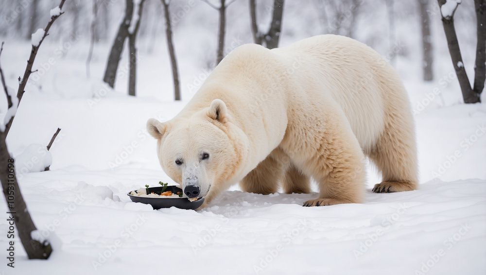A polar bear eats food from a dish in a snowy forest. A polar bear eats food from a dish in a snowy forest.