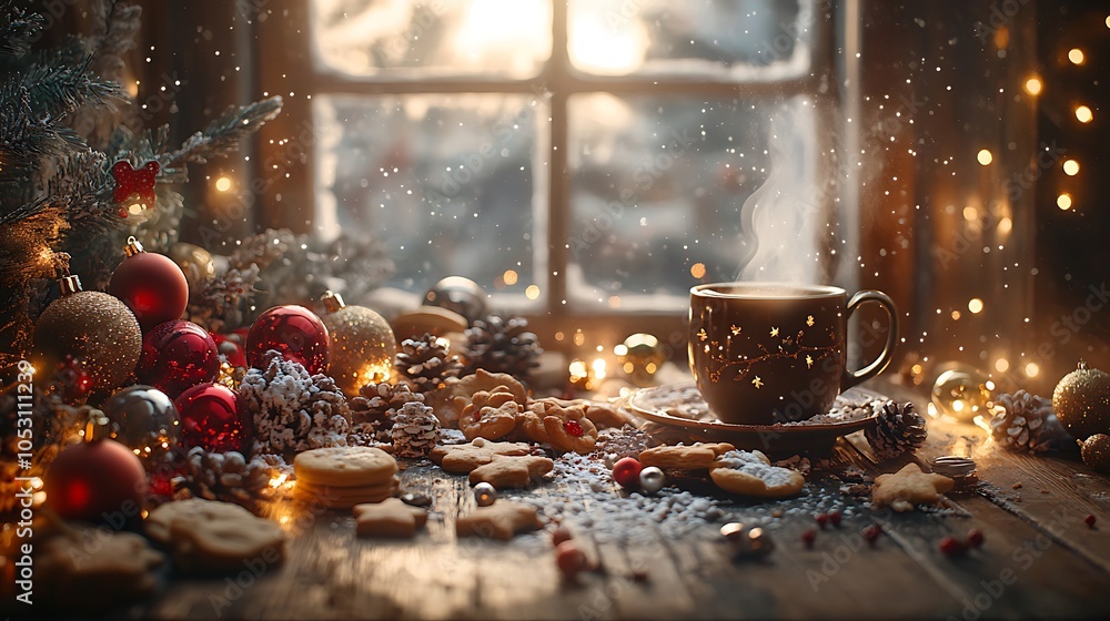 A festive holiday table featuring a steaming hot drink, assorted cookies, bright sparkling lights, and scattered festive ornaments, rustic wooden backdrop, warm lighting enhancing the cozy atmosphere. A festive holiday table featuring a steaming hot drink, assorted cookies, bright sparkling lights, and scattered festive ornaments, rustic wooden backdrop, warm lighting enhancing the cozy atmosphere.