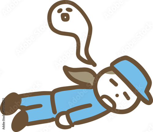 ぐったりと倒れている作業員の若い女性(全身)