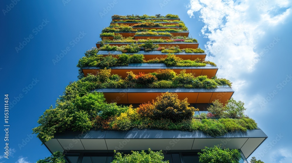 A Modern High-Rise Building with Lush Greenery and Balconies A Modern High-Rise Building with Lush Greenery and Balconies
