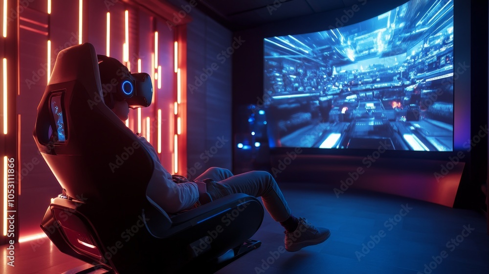 Padded gaming chair in front of a large display streaming content, glowing LED lights creating an immersive vibe. Padded gaming chair in front of a large display streaming content, glowing LED lights creating an immersive vibe.