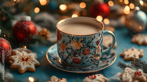 A festive holiday table setup featuring a hot drink in a Christmas-themed mug, sugar cookies with holiday decorations, colorful ornaments, and twinkling lights casting a soft glow,