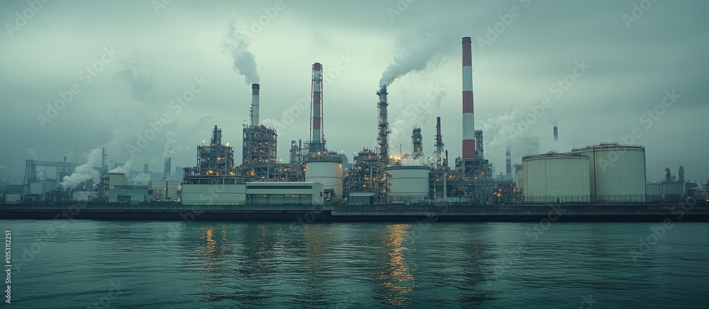 Industrial complex with smokestacks spewing pollution into the air over a body of water. Industrial complex with smokestacks spewing pollution into the air over a body of water.