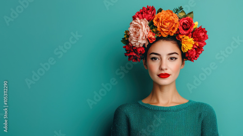 Brightly colored floral headpieces adorn woman against vibrant turquoise background, showcasing blend of flowers that evoke joy and celebration photo