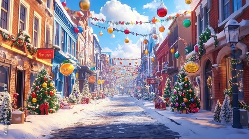 Festive street with colorful decorations for New Year 2025