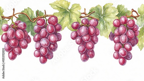 A bunch of purple grapes with green leaves, beautifully illustrated on a white background.