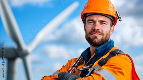 Offshore wind turbine technician in high visibility workwear