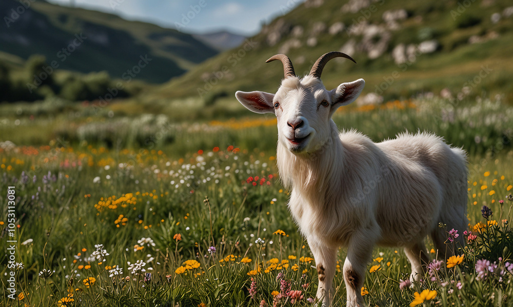 Obraz premium Playful Goat Standing in a Colorful Meadow