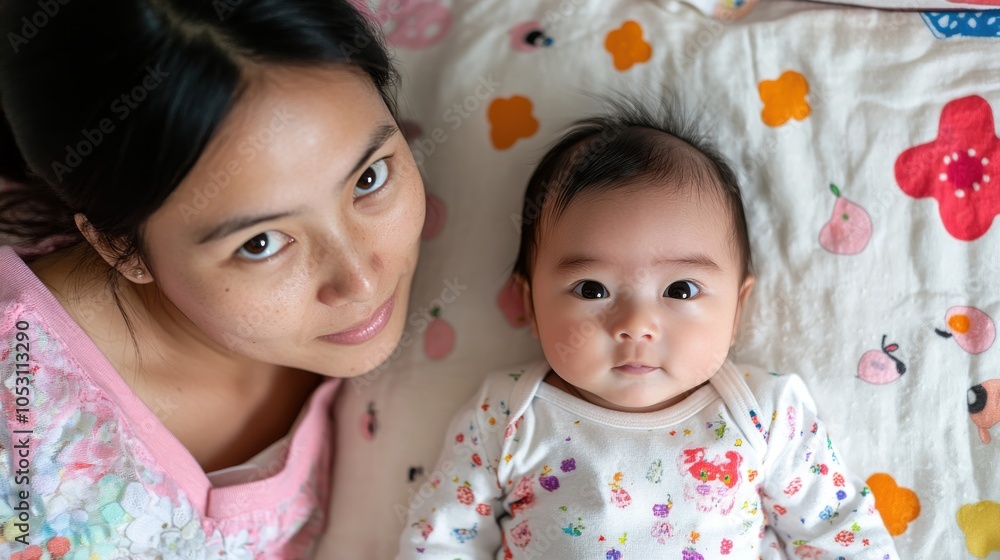 A tender moment of a mother engaging playfully with her wide-eyed baby, surrounded by a whimsical blanket. A tender moment of a mother engaging playfully with her wide-eyed baby, surrounded by a whimsical blanket.