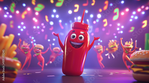 Illustration 3D Mole. Vibrant ketchup bottle dancing joyfully on stage, surrounded by colorful lights and musical notes. Dance party. photo