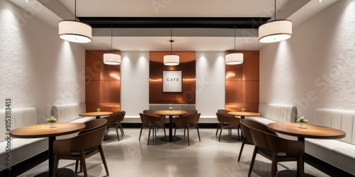 Modern restaurant interior, minimalist design, white walls, wood paneling, round tables, black chairs, large drum pendant lights, beige floor, clean aesthetic, symmetrical layout, contemporary dining 