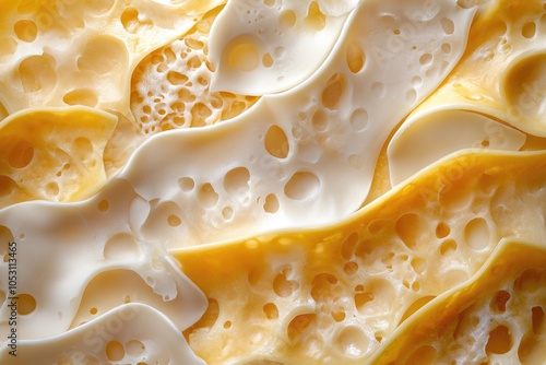 Close-up of Creamy Yellow and White Swiss Cheese with Large Air Holes photo