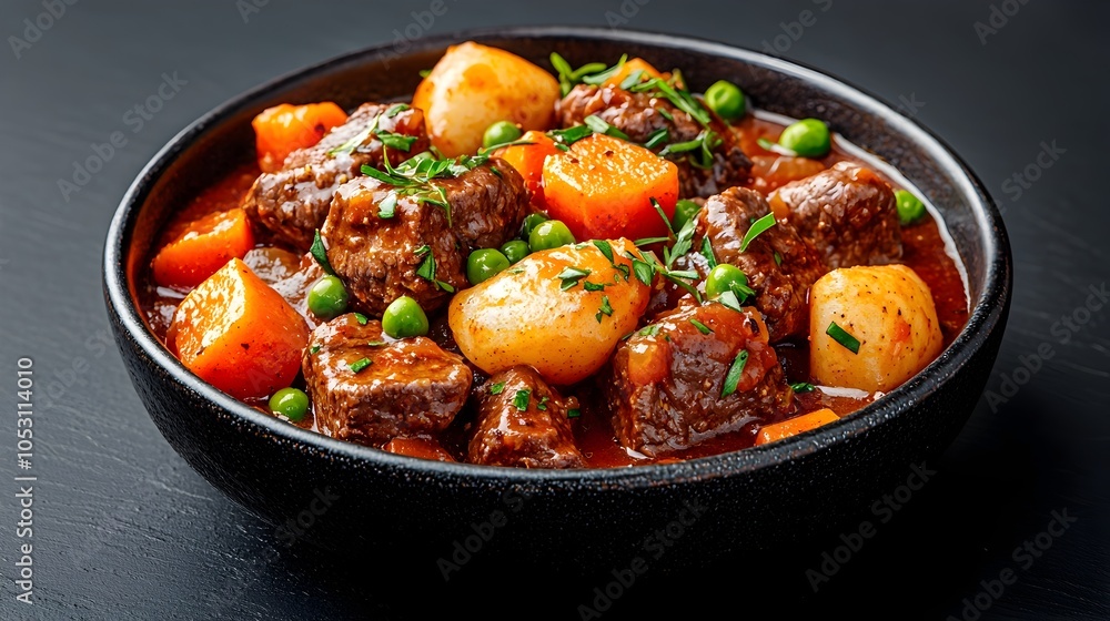 Organic beef stew with tender chunks of meat carrots potatoes and peas served in a rustic ceramic bowl offering a comforting and wholesome meal experience Organic beef stew with tender chunks of meat carrots potatoes and peas served in a rustic ceramic bowl offering a comforting and wholesome meal experience