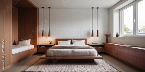 Modern minimalist bedroom, wooden panels, built-in furniture, white brick wall, large window, natural light, neutral color palette, floating bed, pendant light, cozy atmosphere, clean lines, Scandinav