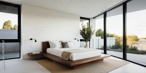 Minimalist bedroom, modern interior design, large glass sliding door, natural light, wooden platform bed, white walls, pendant lights, beige carpet, clean lines, spacious room, zen atmosphere, contemp photo