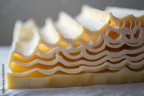 Close-up of a Wavy, Holey Cheese Slice photo