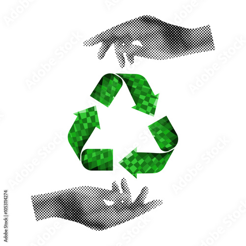 Trendy Halftone effect hands and Recycling symbol isolated transparent background. Template design Sustainable lifestyle concept. Vector illustration can used eco friendly design. Halftone Collage.