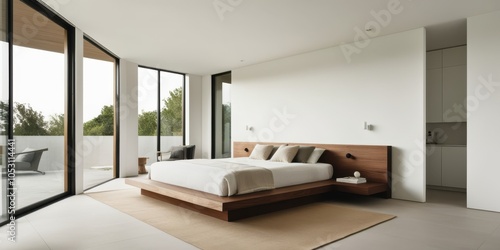 Minimalist bedroom, modern interior design, large glass sliding door, natural light, wooden platform bed, white walls, pendant lights, beige carpet, clean lines, spacious room, zen atmosphere, contemp photo