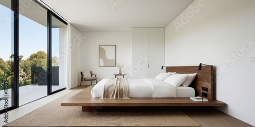 Minimalist bedroom, modern interior design, large glass sliding door, natural light, wooden platform bed, white walls, pendant lights, beige carpet, clean lines, spacious room, zen atmosphere, contemp photo