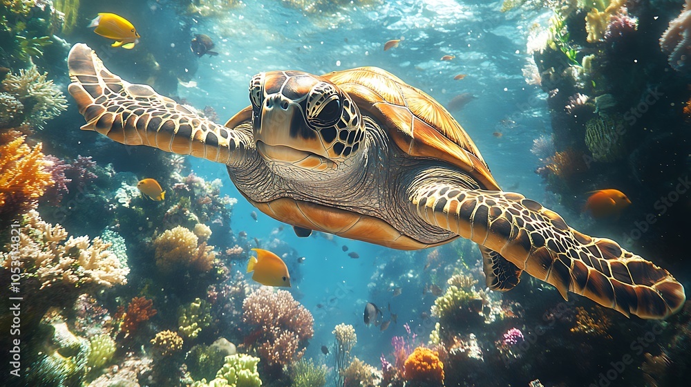Fototapeta premium A sea turtle swims gracefully through a vibrant coral reef, surrounded by colorful fish.