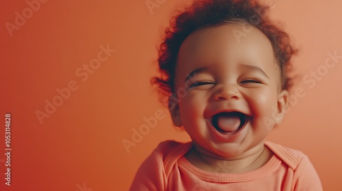 Happy baby laughing with eyes closed, isolated on a warm coral background, vibrant and perfect for ad copy or informational text,