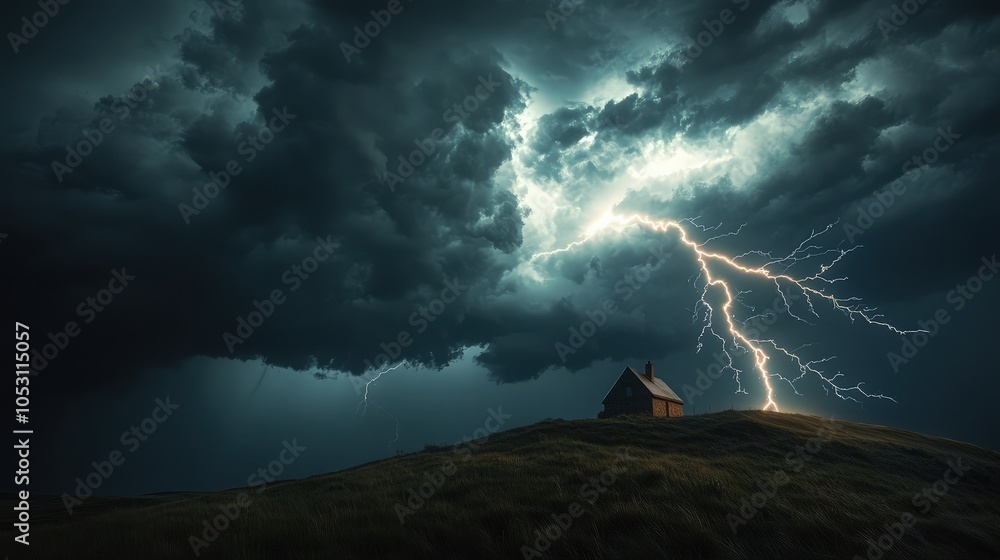 Intense lightning illuminates the dark storm clouds above a small, lonely house on a hill, the bright flash highlighting the danger of the ongoing thunderstorm Intense lightning illuminates the dark storm clouds above a small, lonely house on a hill, the bright flash highlighting the danger of the ongoing thunderstorm