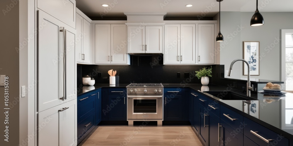 Modern kitchen design, two-tone cabinets, navy blue and white, black subway tile backsplash, stainless steel appliances, pendant lights, hardwood floors, open concept, minimalist style, high contrast, Modern kitchen design, two-tone cabinets, navy blue and white, black subway tile backsplash, stainless steel appliances, pendant lights, hardwood floors, open concept, minimalist style, high contrast,