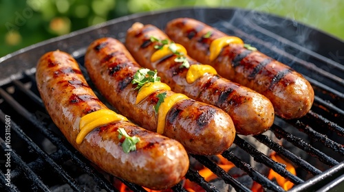 Grilled organic beef sausage links with char marks served alongside tangy mustard and sauerkraut making for a classic and flavorful BBQ or outdoor dining experience