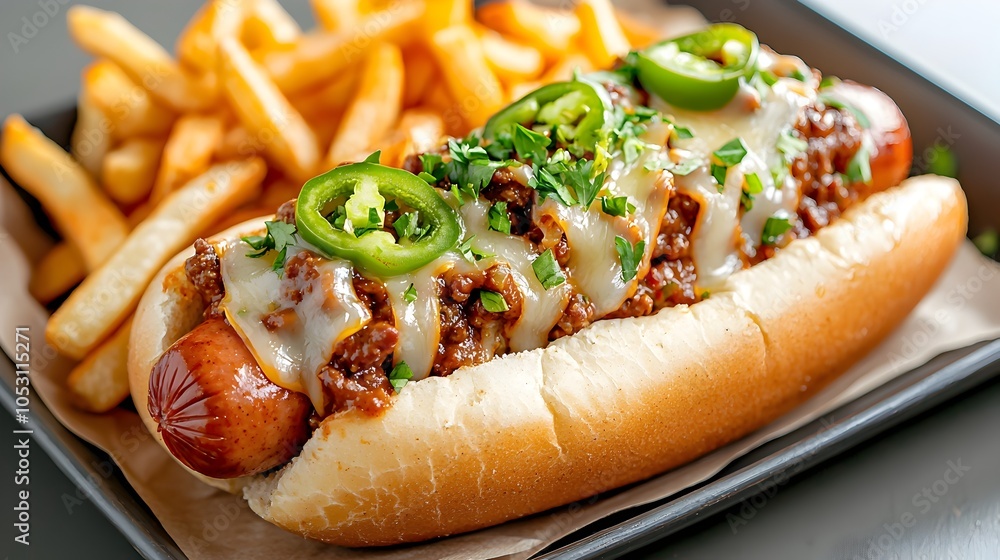Delectable organic beef chili dogs topped with melted cheddar cheese and spicy jalapeos served on a tray alongside golden crispy fries as a comforting and satisfying meal
