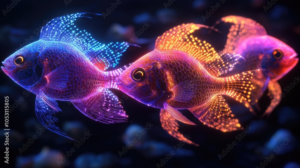 Fototapeta premium Two neon-colored fish with glowing fins, swimming in a dark underwater environment.