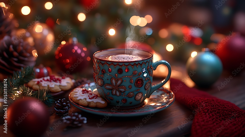 A holiday-themed table setup with a steaming cup of hot chocolate, sugar cookies on a plate, twinkling Christmas lights casting a warm glow, surrounded by colorful ornaments, cozy and inviting feel. A holiday-themed table setup with a steaming cup of hot chocolate, sugar cookies on a plate, twinkling Christmas lights casting a warm glow, surrounded by colorful ornaments, cozy and inviting feel.