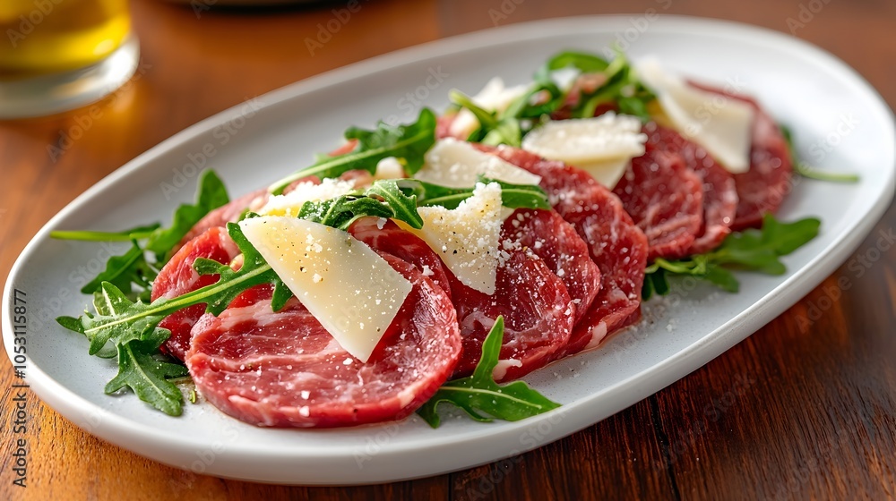 Organic beef carpaccio slices artfully arranged with fresh arugula shaved parmesan Organic beef carpaccio slices artfully arranged with fresh arugula shaved parmesan