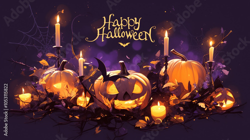 Happy halloween lettering calligraphy logo  pumpkin
bat spider 