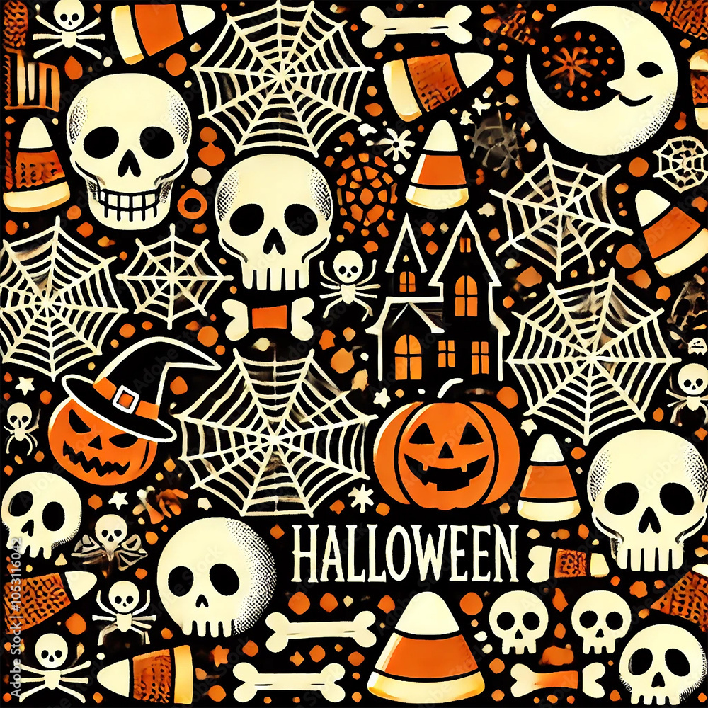 Halloween Tiled Pattern with Eerie & Playful Icons – Perfect for Festive Designs Halloween Tiled Pattern with Eerie & Playful Icons – Perfect for Festive Designs