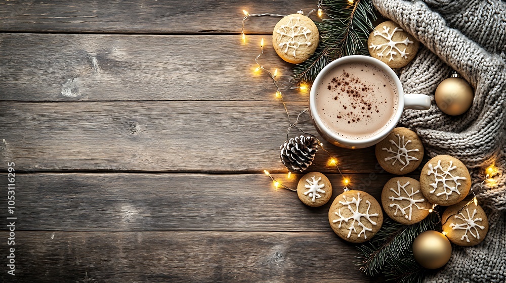 A holiday-themed winter flat-lay with a hot chocolate in a festive mug, decorated cookies, colorful Christmas ornaments, and twinkling fairy lights, A holiday-themed winter flat-lay with a hot chocolate in a festive mug, decorated cookies, colorful Christmas ornaments, and twinkling fairy lights,