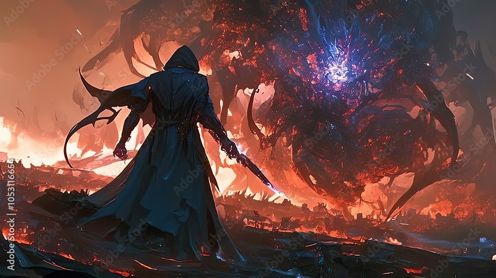 A Hooded Figure Confronts a Glowing, Apocalyptic Beast A Hooded Figure Confronts a Glowing, Apocalyptic Beast