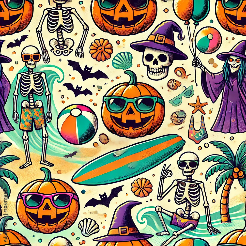 Fototapeta premium Quirky Beach-Themed Halloween Tiled Pattern – Tropical Spooky Fun Design