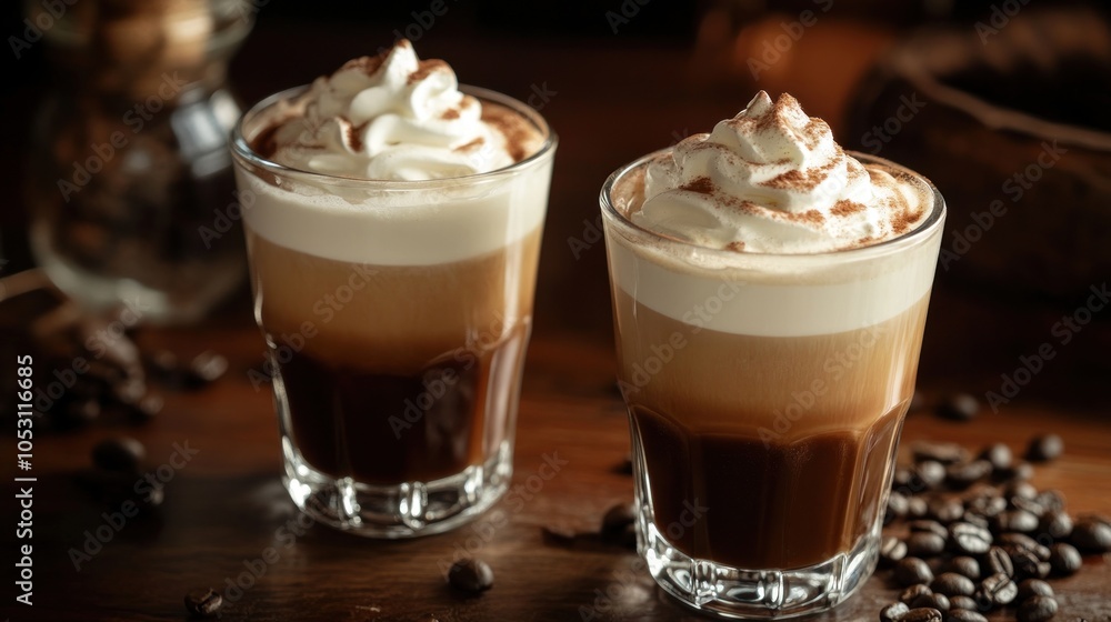 Two layered coffee drinks topped with whipped cream and cocoa, surrounded by coffee beans. Two layered coffee drinks topped with whipped cream and cocoa, surrounded by coffee beans.