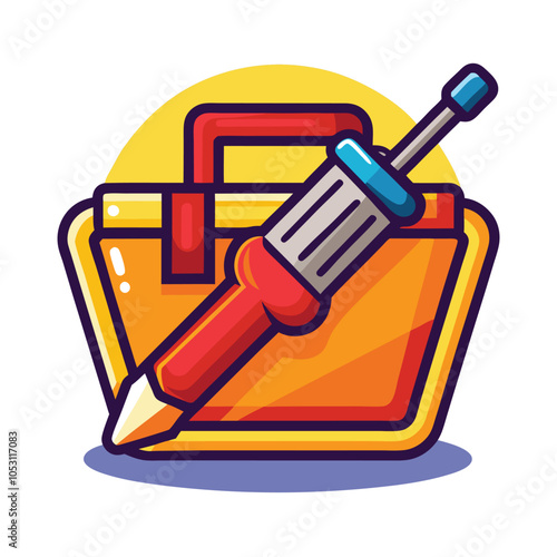 A cartoon illustration of a toolbox with a soldering iron sticking out of it.