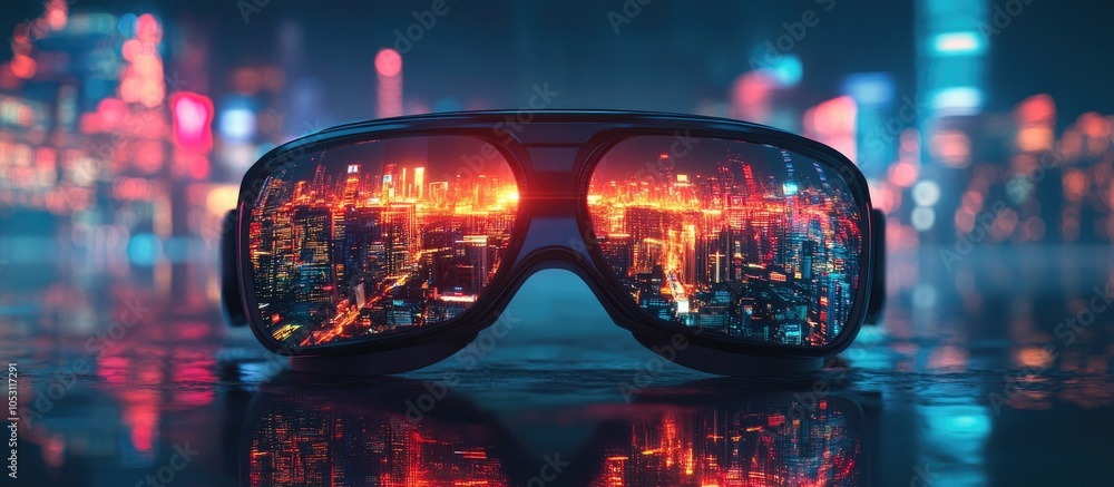 A pair of futuristic goggles with a city skyline reflected in the lenses. A pair of futuristic goggles with a city skyline reflected in the lenses.
