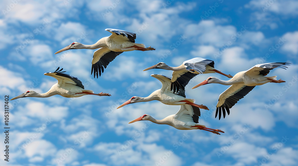 Obraz premium Flock of storks soaring in the sky, wildlife in motion, the grace and majesty of birds in their natural habitat