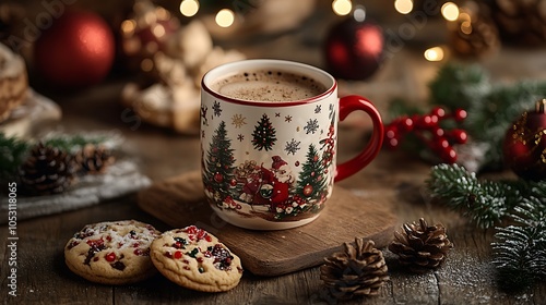 A warm holiday table setup featuring a hot drink in a Christmas-themed mug, freshly baked cookies, rustic wood texture, twinkling lights casting a soft glow, photo