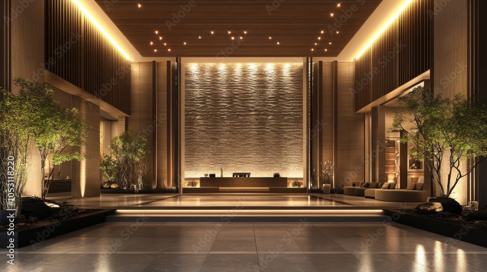Elegant Hotel Lobby with Sophisticated Decor and Lighting Elegant Hotel Lobby with Sophisticated Decor and Lighting