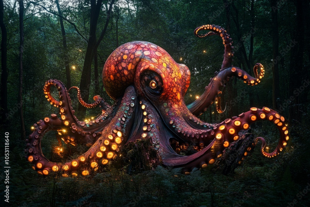 Obraz premium A vibrant octopus surrounded by a mystical forest. Its glowing body captivates in the enchanting darkness. Nature meets fantasy in this stunning creation. Generative AI