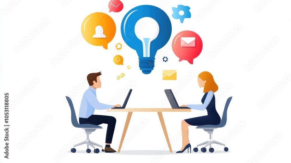 A creative workspace featuring two professionals collaborating with laptops, surrounded by innovative concepts and ideas. A creative workspace featuring two professionals collaborating with laptops, surrounded by innovative concepts and ideas.