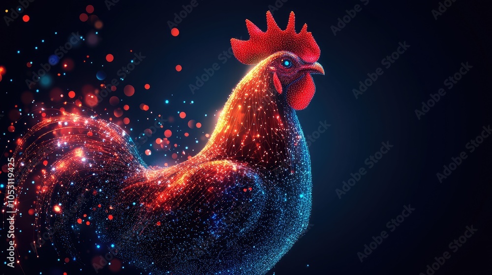 Fototapeta premium A rooster made of shimmering particles against a dark blue background.