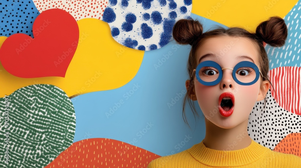 Fototapeta premium A surprised girl with colorful glasses and a playful collage background exudes wonder and curiosity.