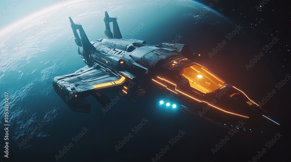 A futuristic spacecraft orbits a distant exoplanet, glowing with vibrant lights in a vast starry galaxy A futuristic spacecraft orbits a distant exoplanet, glowing with vibrant lights in a vast starry galaxy