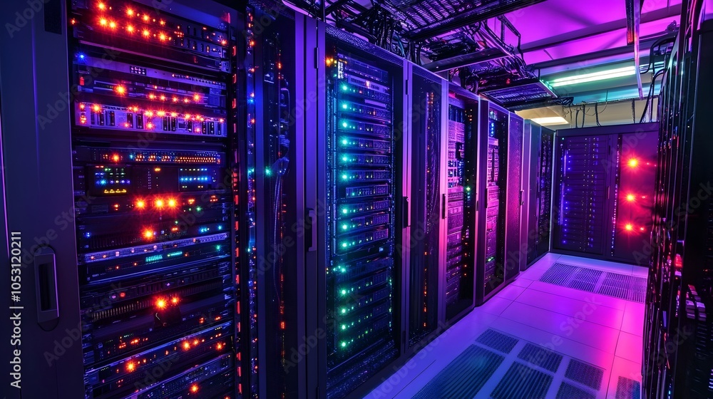 Vast Futuristic Server Room with Blinking LED Lights Illuminating Sleek Modern Architecture and Components Vast Futuristic Server Room with Blinking LED Lights Illuminating Sleek Modern Architecture and Components