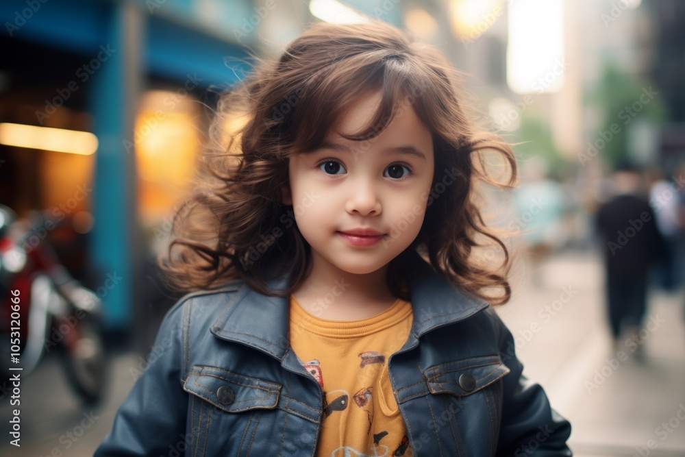 Portrait of cute little girl with curly hair in the city. Portrait of cute little girl with curly hair in the city.